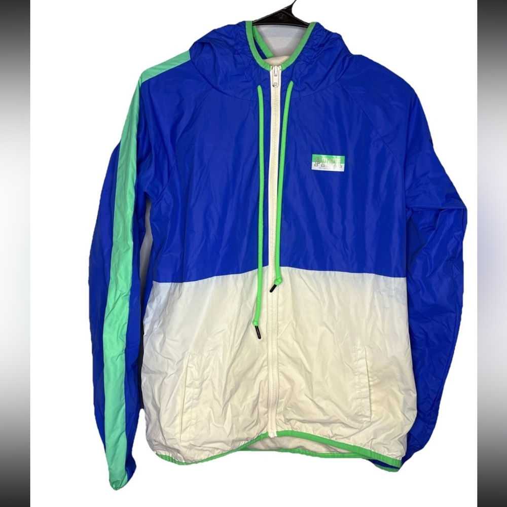 Pink Victoria Secret Women’s Windbreaker Jacket Blue Teal Hooded Size XS